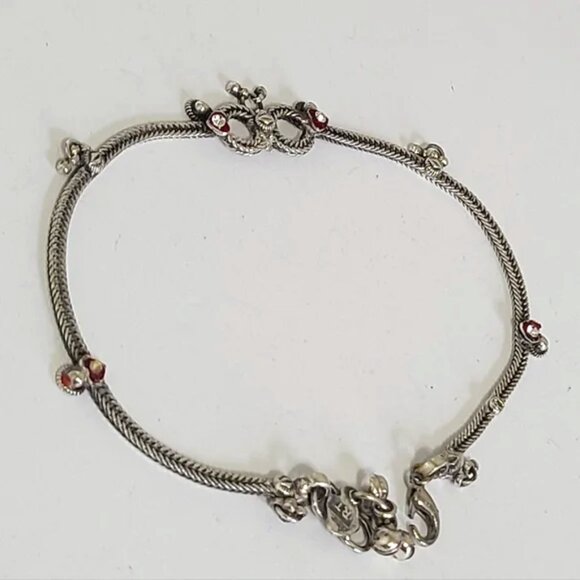 Vintage Sterling Silver Tribal Dangling Balls Anklet Red Heart Ankle Bracelet - Picture 2 of 10